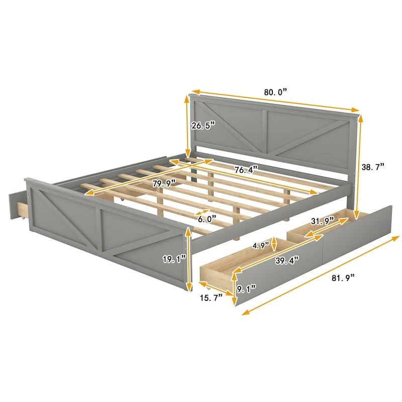 Lit plateforme avec tête de lit en bois, 4 tiroirs de rangement et pieds de support centraux