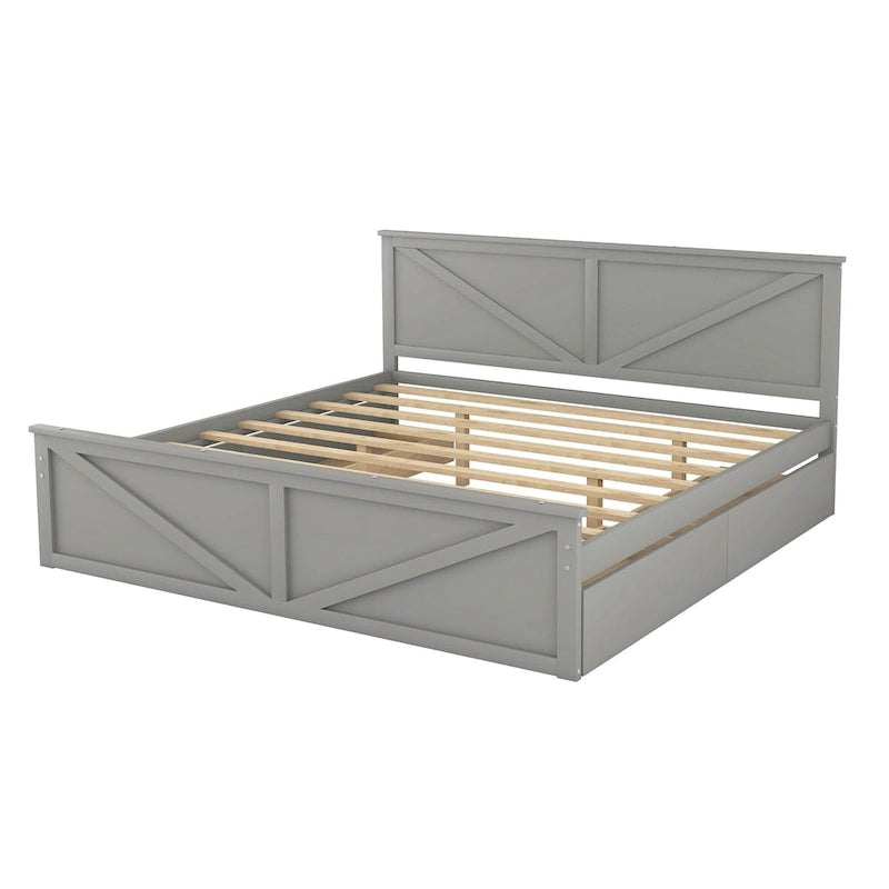 Lit plateforme avec tête de lit en bois, 4 tiroirs de rangement et pieds de support centraux