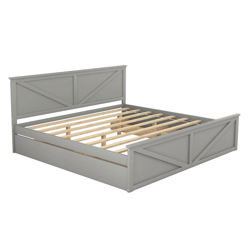 Lit plateforme avec tête de lit en bois, 4 tiroirs de rangement et pieds de support centraux