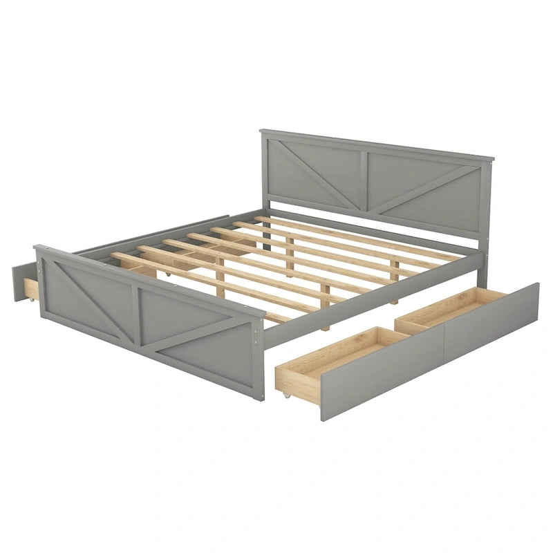 Lit plateforme avec tête de lit en bois, 4 tiroirs de rangement et pieds de support centraux