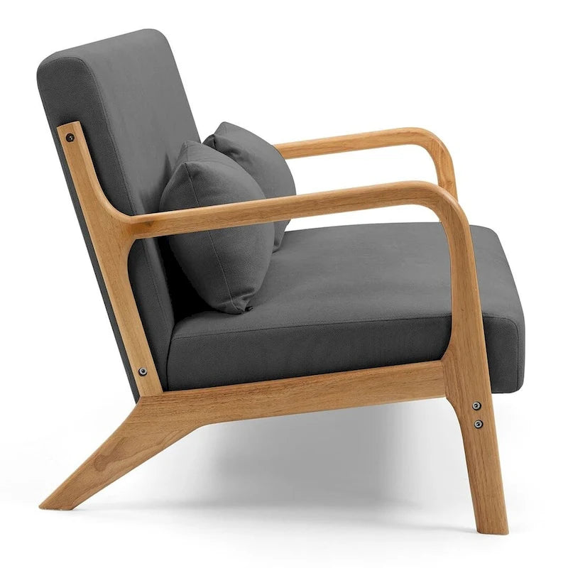 Canapé d'appoint moderne du milieu du siècle 2 places avec cadre en bois massif et revêtement en lin