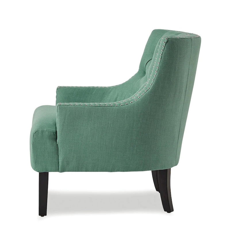 Fauteuil d'appoint en chenille sarcelle avec dossier capitonné et garniture cloutée