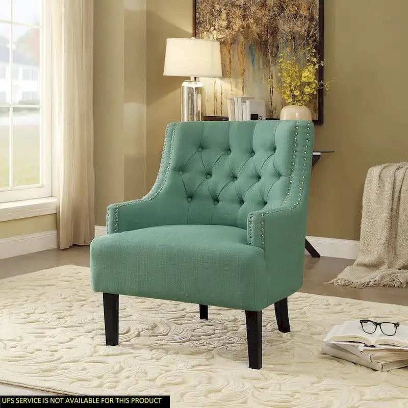 Fauteuil d'appoint en chenille sarcelle avec dossier capitonné et garniture cloutée