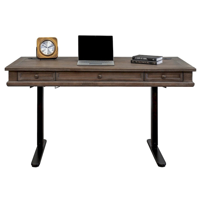 Bureau électrique assis-debout avec plateau en bois massif, hauteur réglable de 76 cm à 114 cm – Gris vieilli