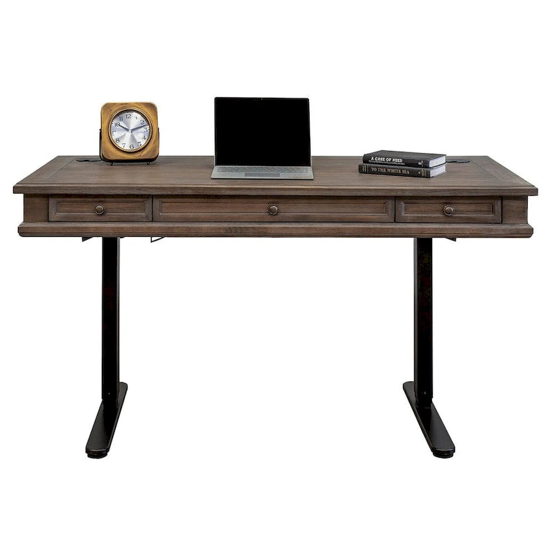 Bureau électrique assis-debout avec plateau en bois massif, hauteur réglable de 76 cm à 114 cm – Gris vieilli
