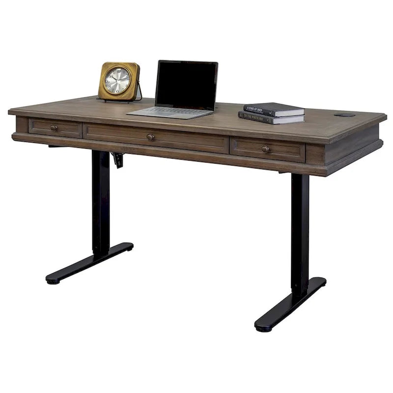 Bureau électrique assis-debout avec plateau en bois massif, hauteur réglable de 76 cm à 114 cm – Gris vieilli