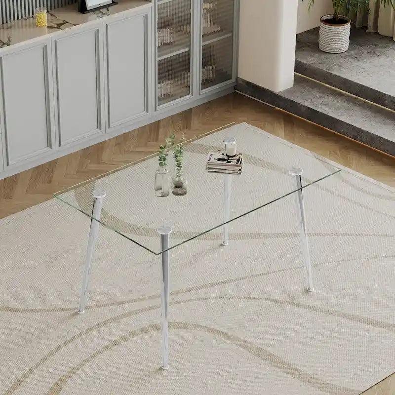 Table à manger en verre trempé avec pieds en acier inoxydable – 2 à 4 places, petit espace