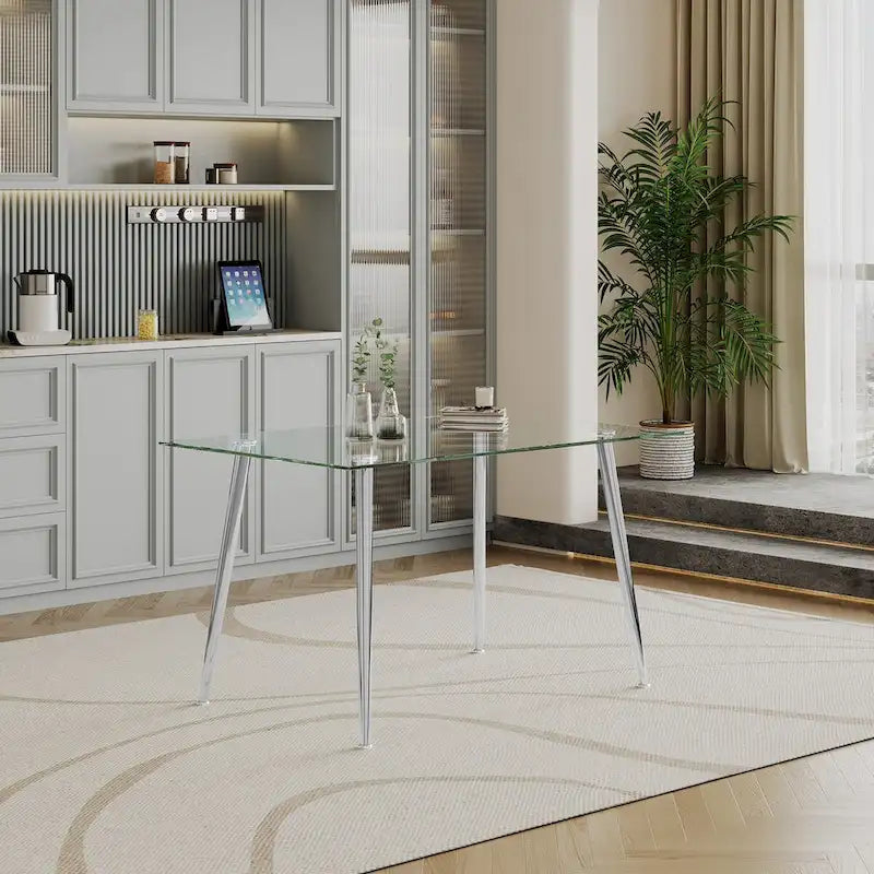 Table à manger en verre trempé avec pieds en acier inoxydable – 2 à 4 places, petit espace