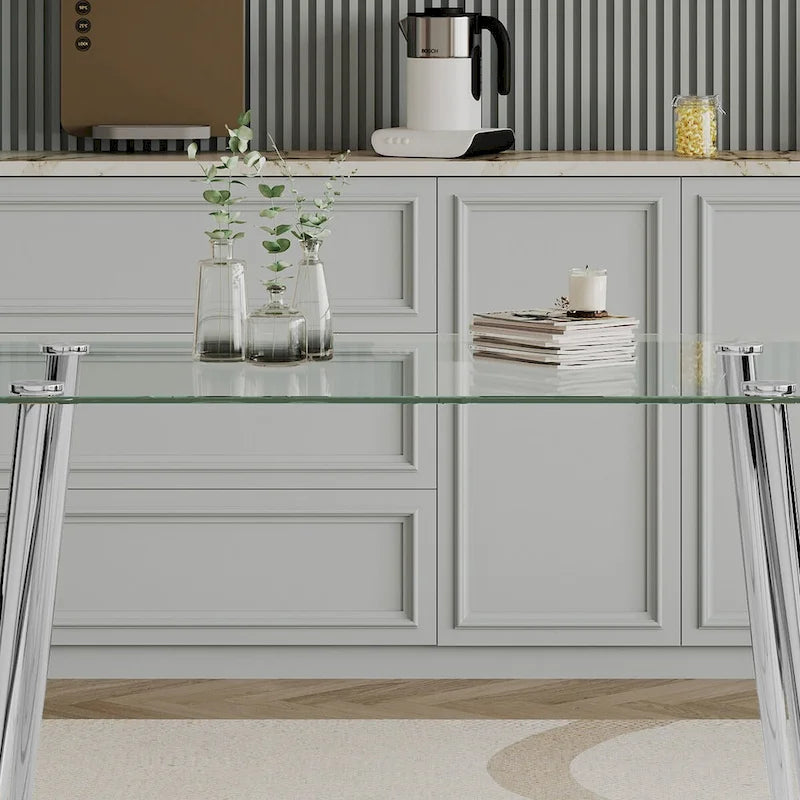 Table à manger en verre trempé avec pieds en acier inoxydable – 2 à 4 places, petit espace